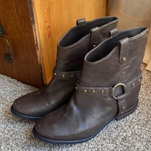 Enzo Angiolini Woman’s Rokira Brown Ankle High Harness Studded Boots.